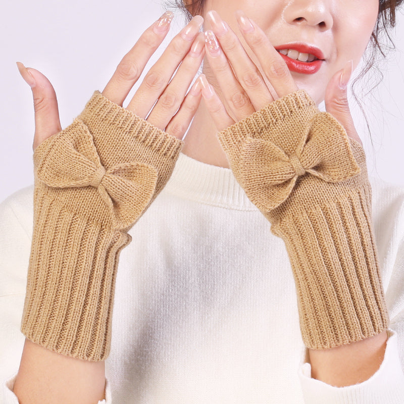 Long Fingerless Gloves Womens with Bow in Kakhi