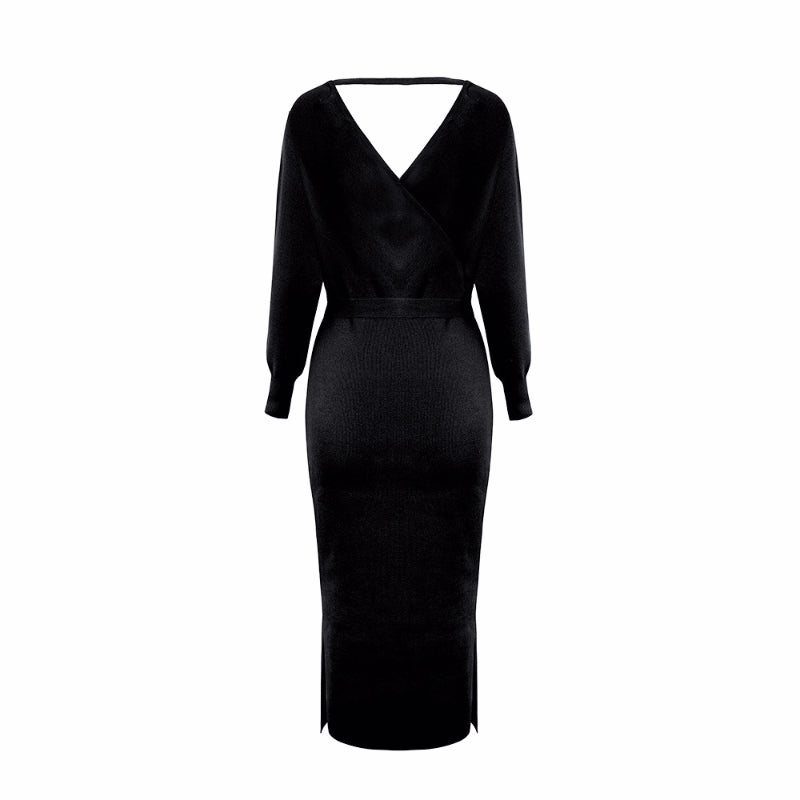 Elegant Sweater Dress with Belt Batwing Sleeve Midi Dress in Black