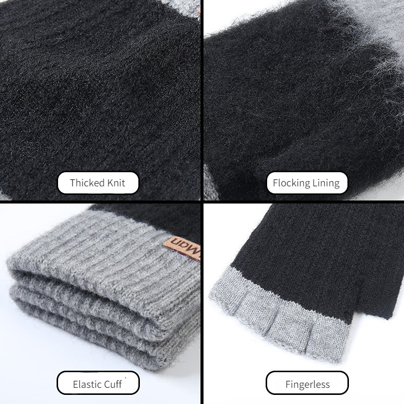 Color Block Black Fingerless Gloves Warm Thick Knitted Mens