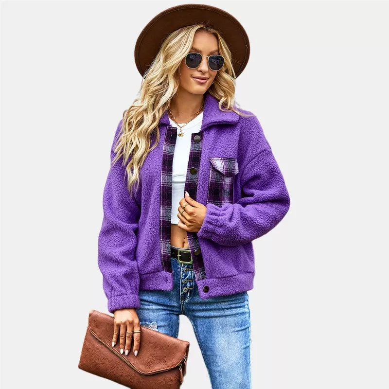 Button Closure Chest Pocket Fuzzy Fleece Sherpa Jacket in Purple
