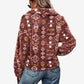 Quarter Zip Cropped Fleece Jacket High Pile Aztec Printed Brown Fleece Jacket