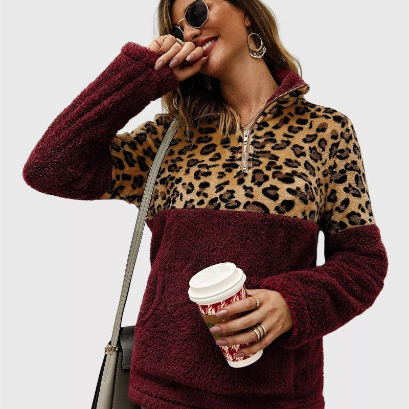 Quarter-Zip Sherpa Pullover Fuzzy Fleece in Burgundy X LeoPard 