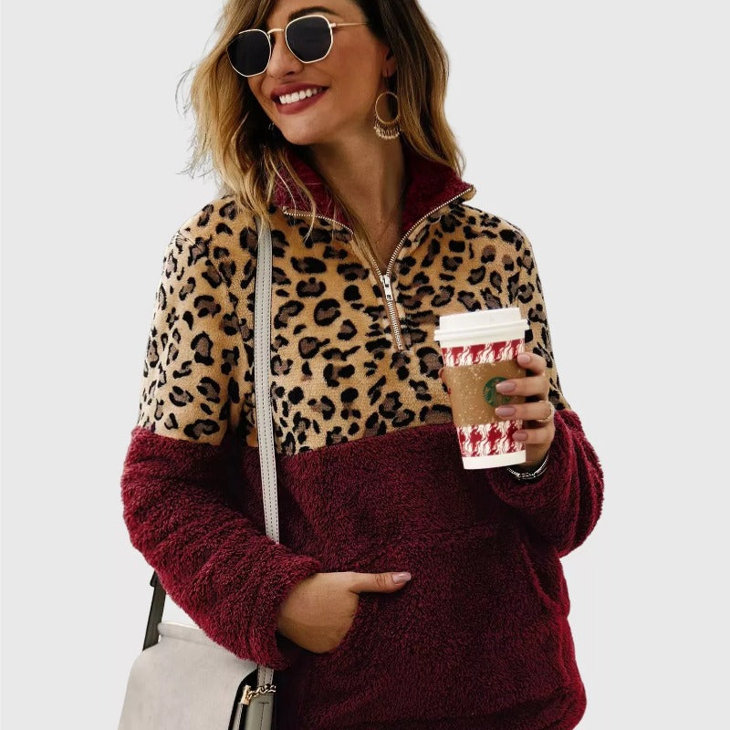 Quarter-Zip Sherpa Pullover Fuzzy Fleece in Burgundy X LeoPard