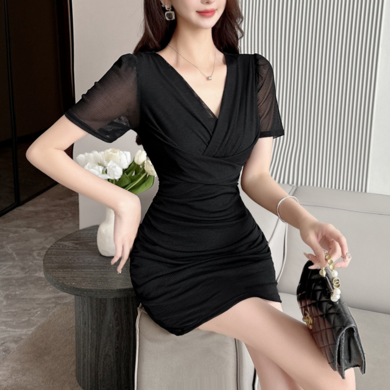 Black Mesh Dress with Short Sleeves, Wrap Collar