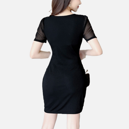 Black Mesh Dress with Short Sleeves, Wrap Collar