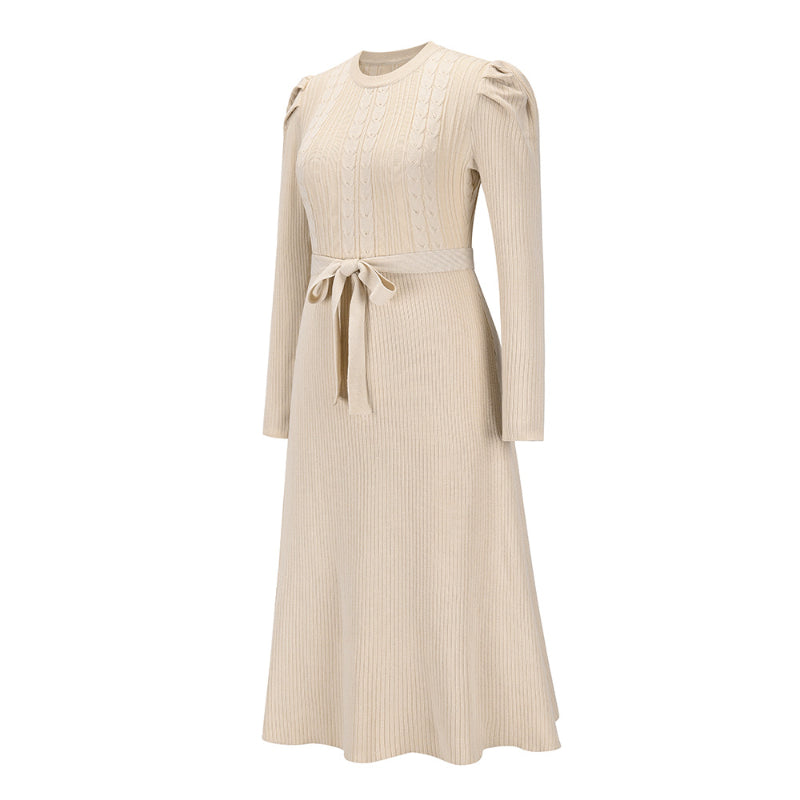 Women's Elegant Cable Knit Dress Crewneck Slim Fit Pullover with Belt Sweater Dress in Off White