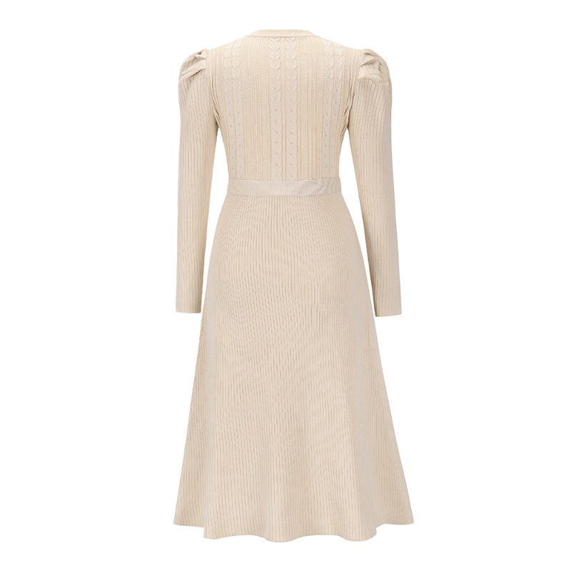 Women's Elegant Cable Knit Dress Crewneck Slim Fit Pullover with Belt Sweater Dress in Off White