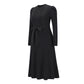 Women's Elegant Cable Knit Dress Crewneck Slim Fit Pullover with Belt Sweater Dress in Black