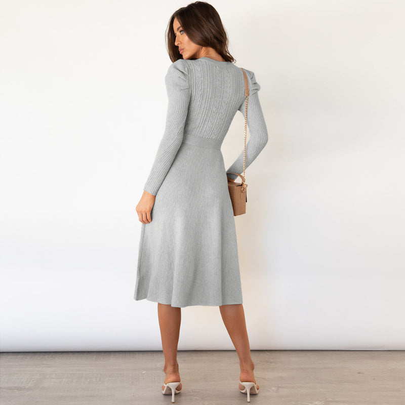 Women's Elegant Cable Knit Winter Dress Crewneck Slim Fit Pullover with Belt in Gray