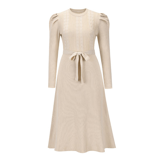 Women's Elegant Cable Knit Dress Crewneck Slim Fit Pullover with Belt Sweater Dress in Off White