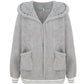 Zip Up Long Sherpa Jacket With Hood Fluffy Fleece in Grey