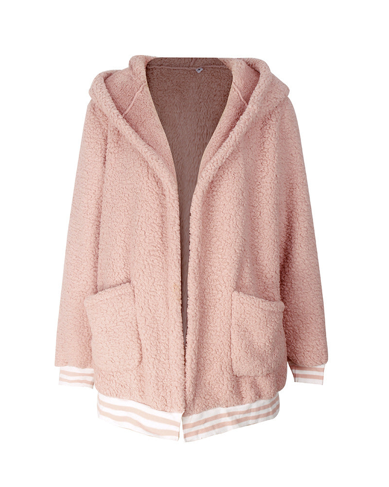 Zip Up Long Sherpa Jacket With Hood Fluffy Fleece in Pink