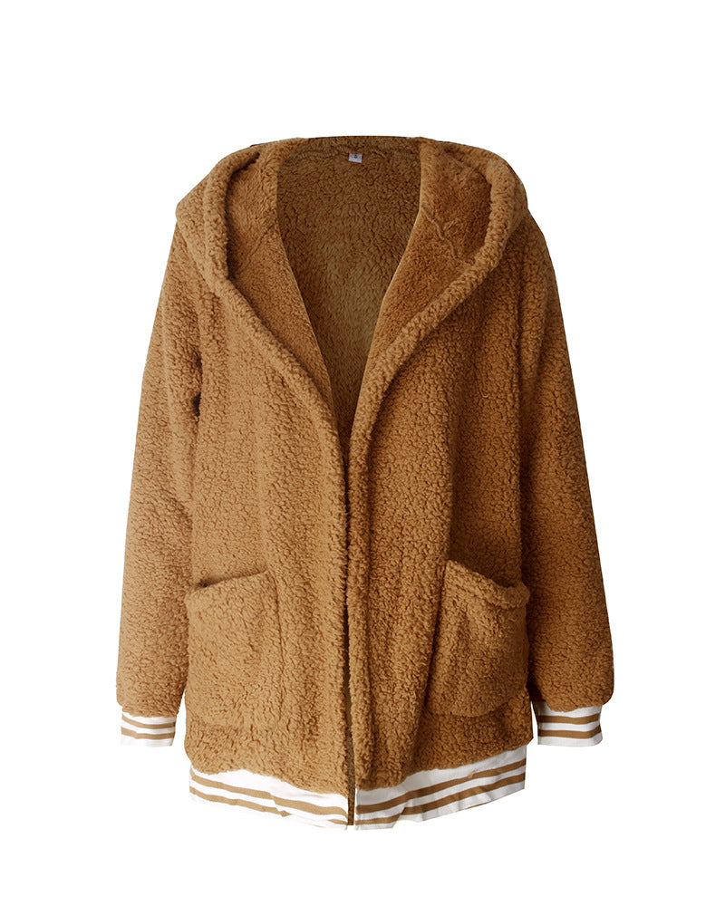 Zip Up Long Sherpa Jacket With Hood Fluffy Fleece in Kakhi