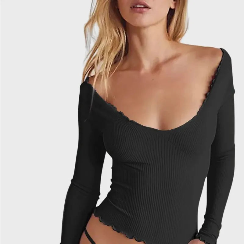 Black Long Sleeve Scoop Neck Crop Top