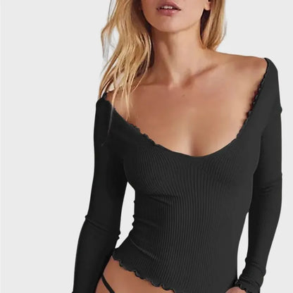 Black Long Sleeve Scoop Neck Crop Top