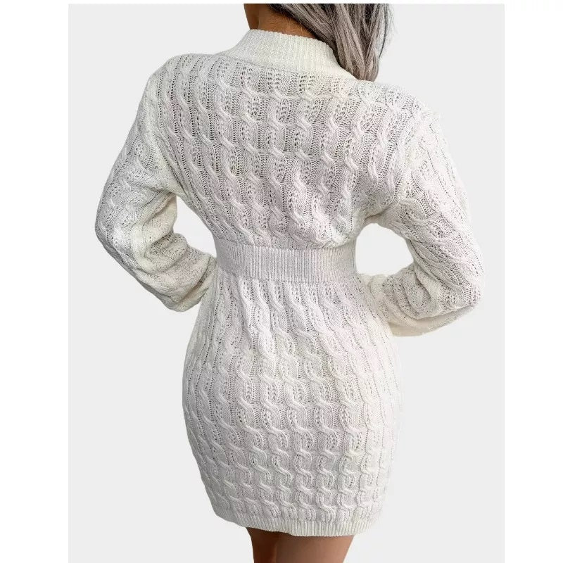 Cable Knit White Sweater Dress Crew Neck