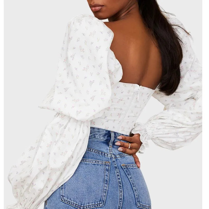 Floral Crop Top in White with Puff Long Sleeve