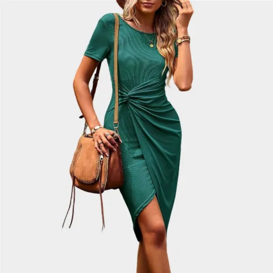 Wrap Cocktail Dress Short Sleeve Green Midi Dress