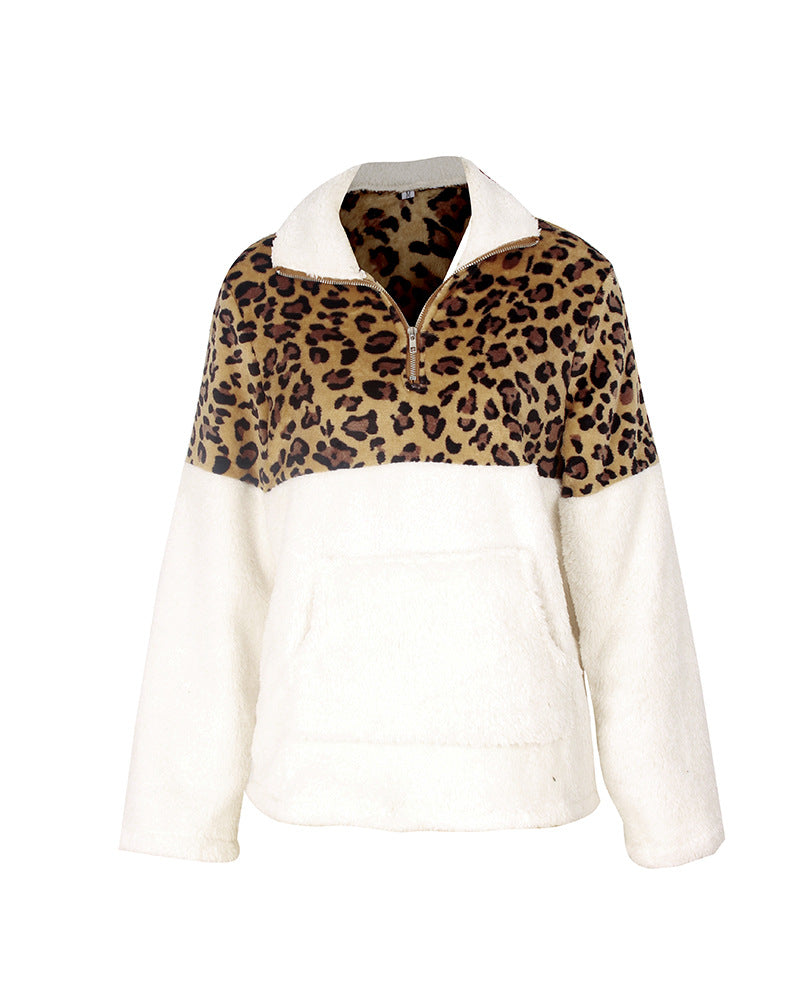 Quarter-Zip Sherpa Pullover Fuzzy Fleece Sweater in White X Leopard