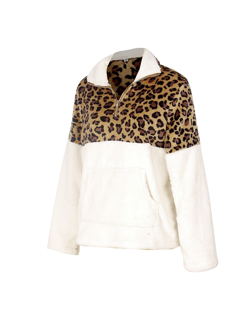 Quarter-Zip Sherpa Pullover Fuzzy Fleece Sweater in White X Leopard