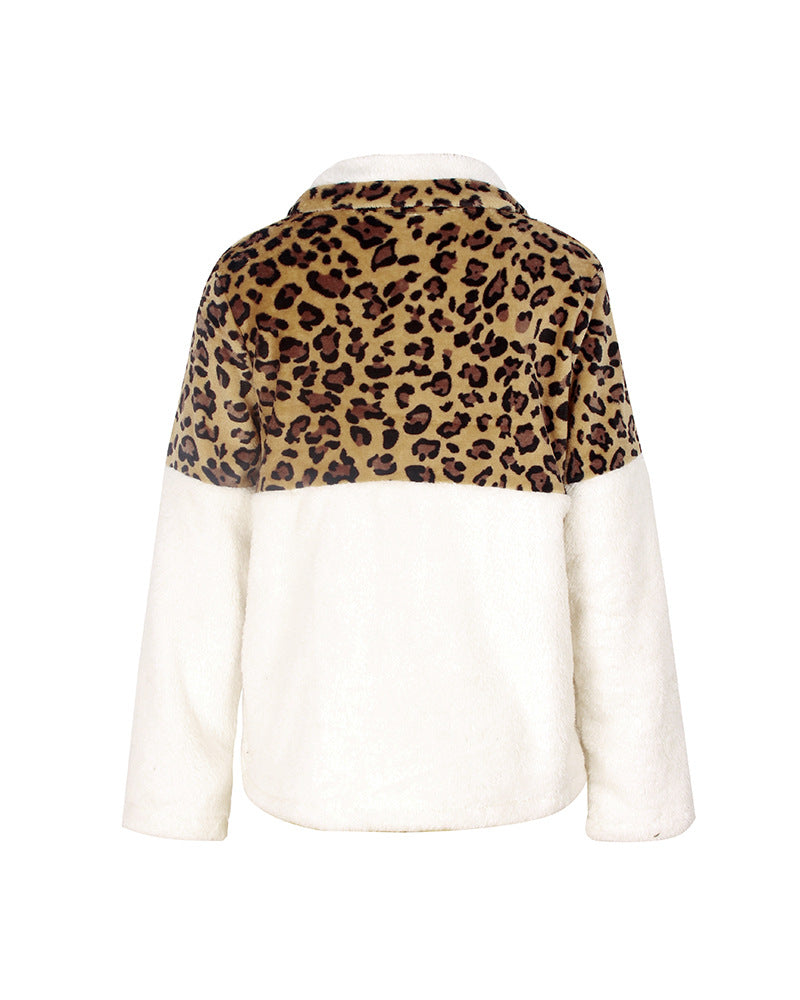 Quarter-Zip Sherpa Pullover Fuzzy Fleece Sweater in White X Leopard