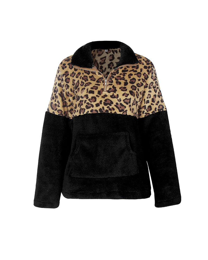 Quarter-Zip Fleece Sherpa Pullover Womens Contrast Color Animal Print