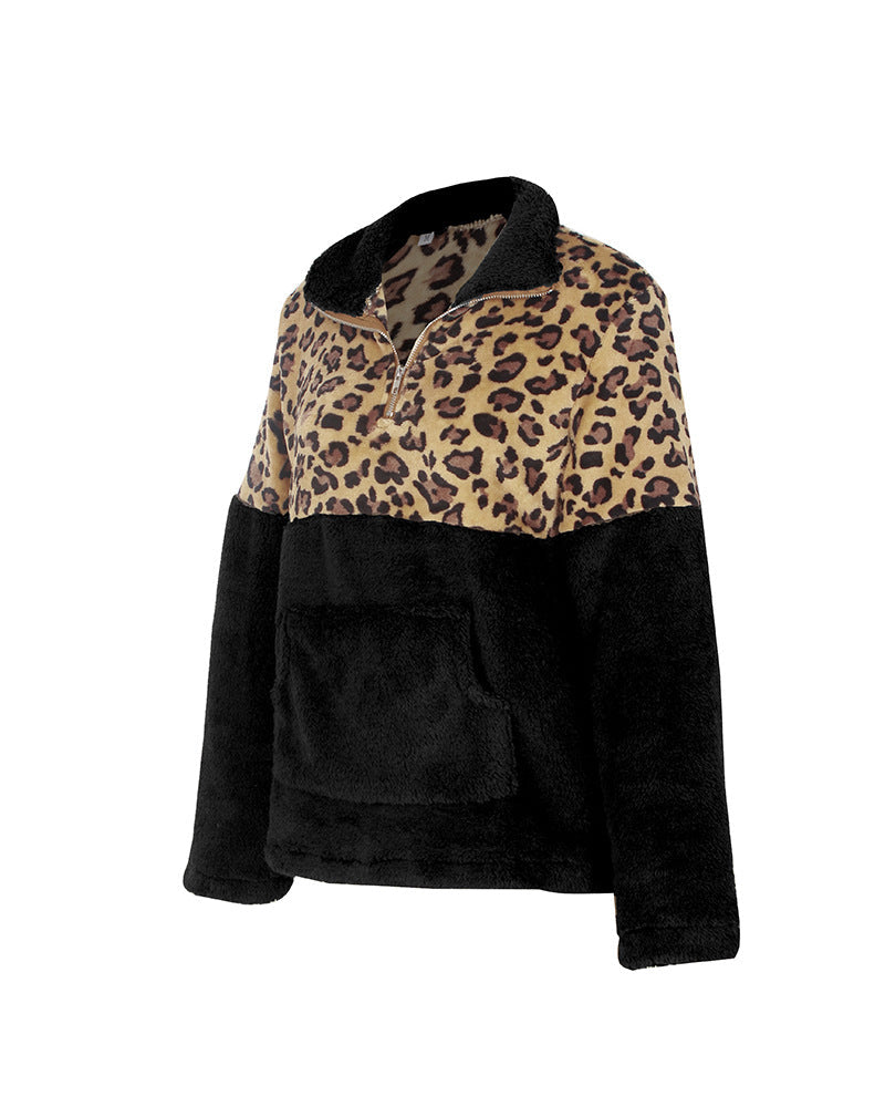 Quarter-Zip Fleece Sherpa Pullover Womens Contrast Color Animal Print
