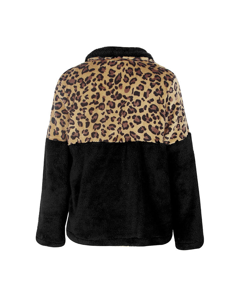 Quarter-Zip Fleece Sherpa Pullover Womens Contrast Color Animal Print