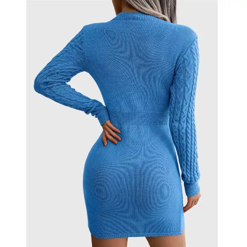 Cable Mini Sweater Dress Bodycon Fit Cutout Bust Sexy Blue Dresses