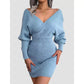 Blue Bodycon Sweater Dress V neck Batwing Sleeve Sexy Dress