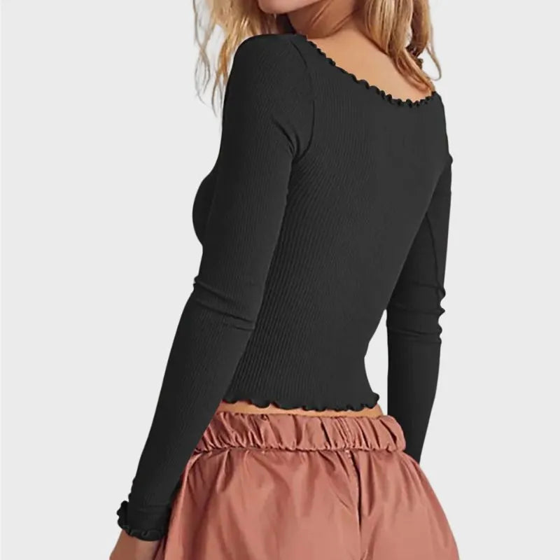 Black Long Sleeve Scoop Neck Crop Top