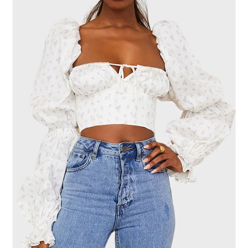 Floral Crop Top in White with Puff Long Sleeve