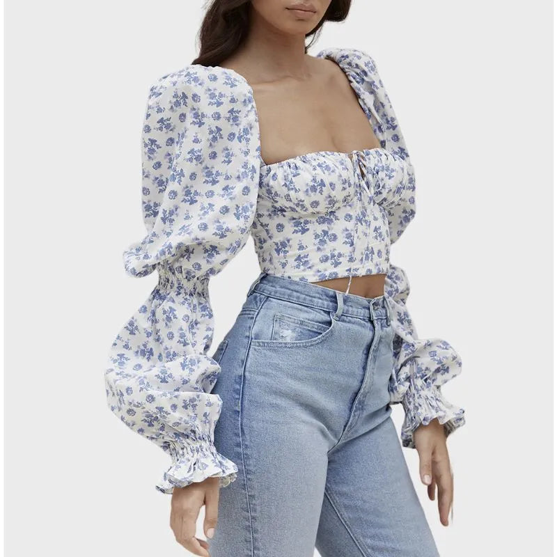 Tie Front Crop Top Puff Long Sleeve in Blue