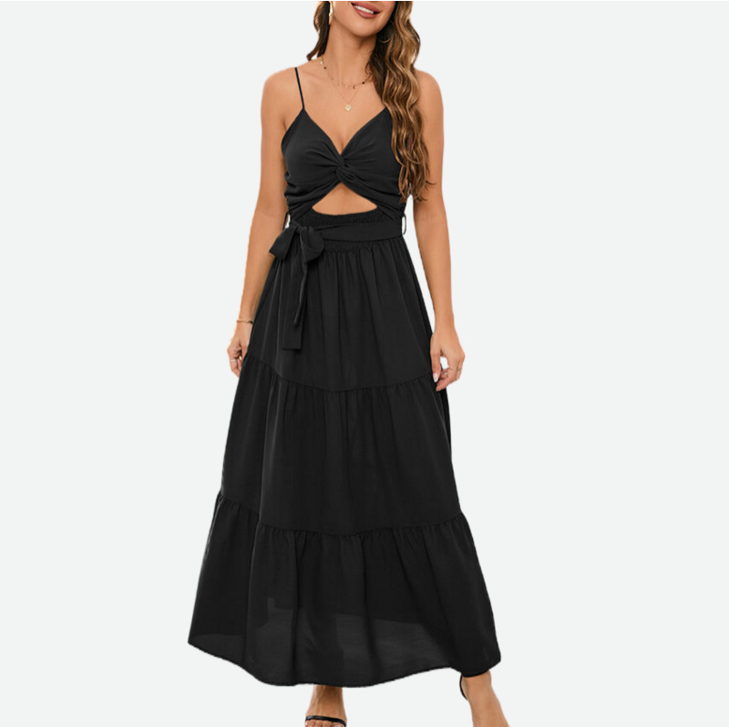 Tie Front Dress Sleeveless Black Maxi Dresses