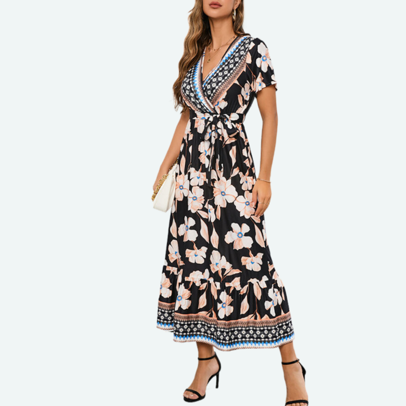 Long Black Summer Dress with Floral Print