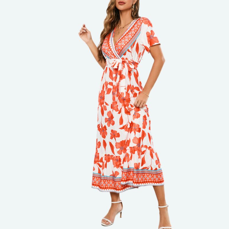 Wrap Maxi Dress in Red Floral Print