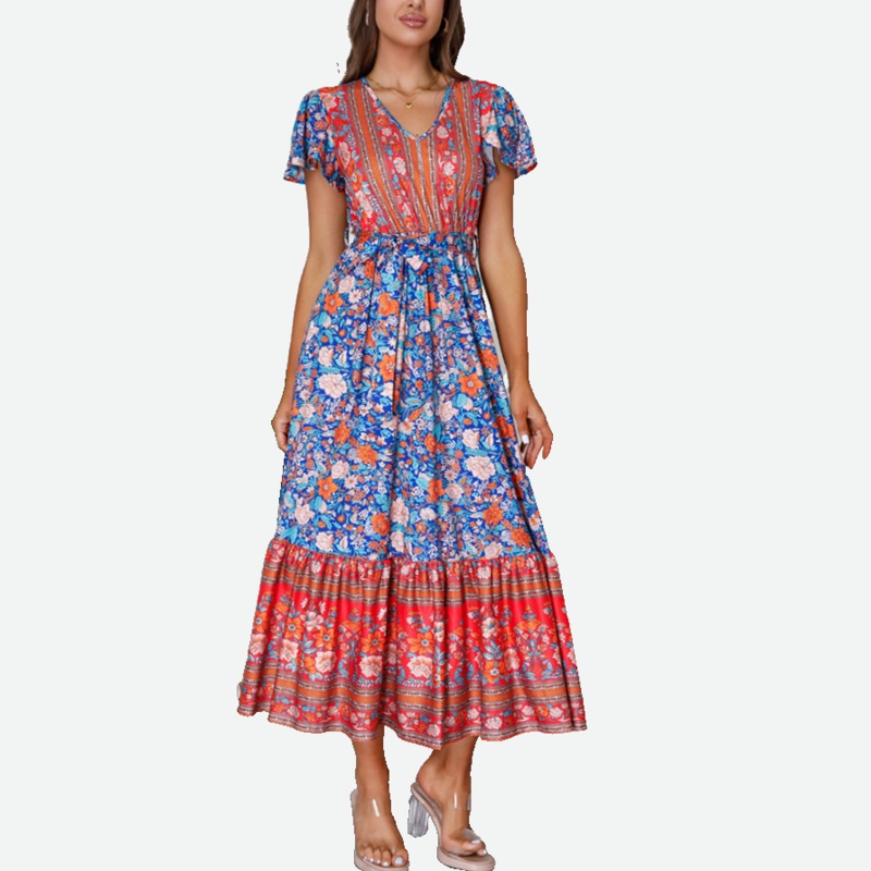 Women's Fit and Flare Dress | V neck Short Sleeves Maxi Dress