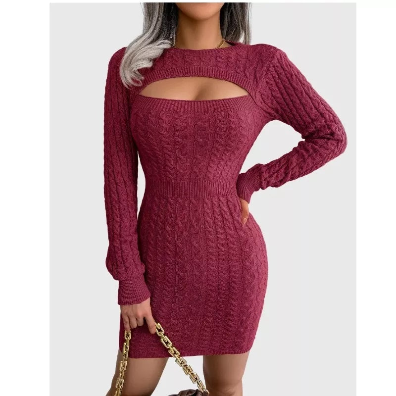 Cable Knit Red Sweater Dress Bust Cut out Sexy Dress Bodycorn Fit
