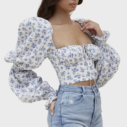 Tie Front Crop Top Puff Long Sleeve in Blue