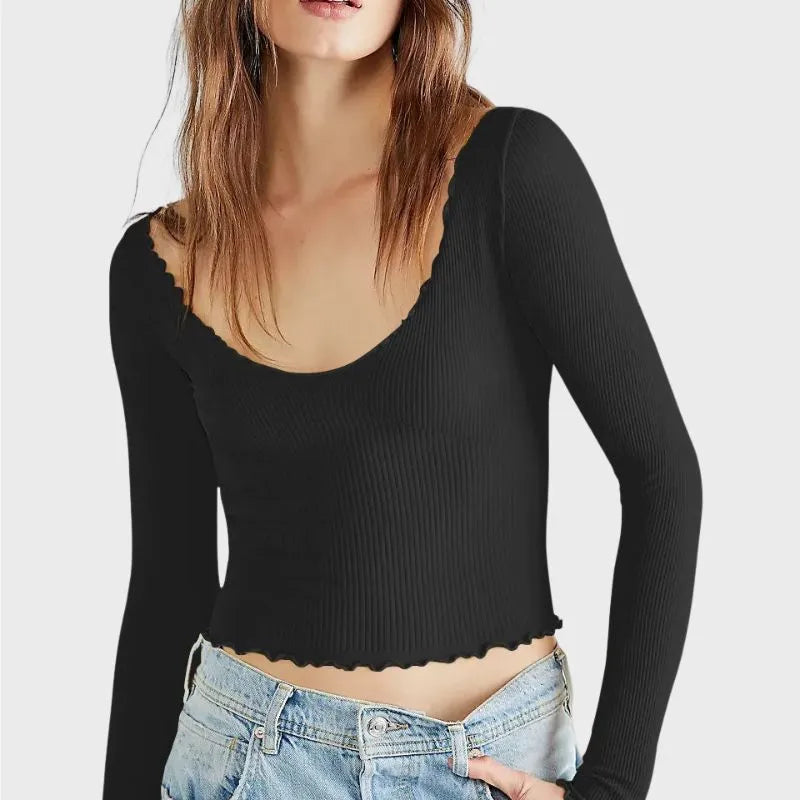 Black Long Sleeve Scoop Neck Crop Top