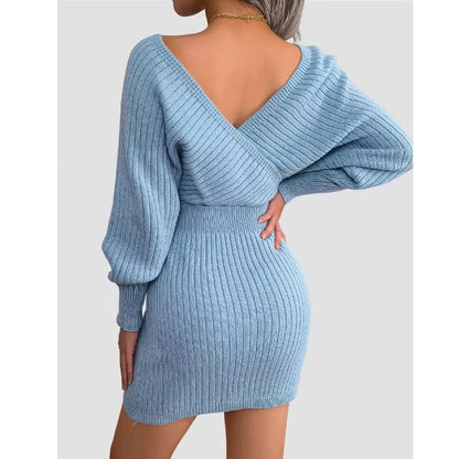 Blue Bodycon Sweater Dress V neck Batwing Sleeve Sexy Dress