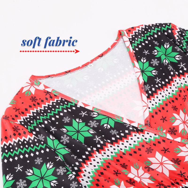 Christmas Dresses for Women Long Sleeve V-neck Long Waist Tie Dress with Print