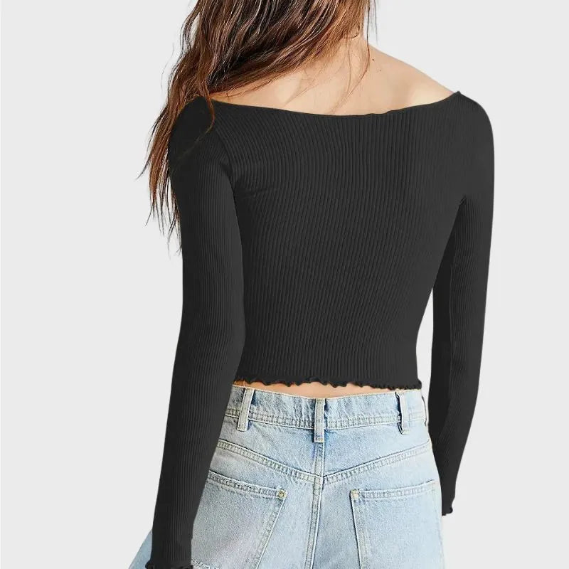 Black Long Sleeve Scoop Neck Crop Top