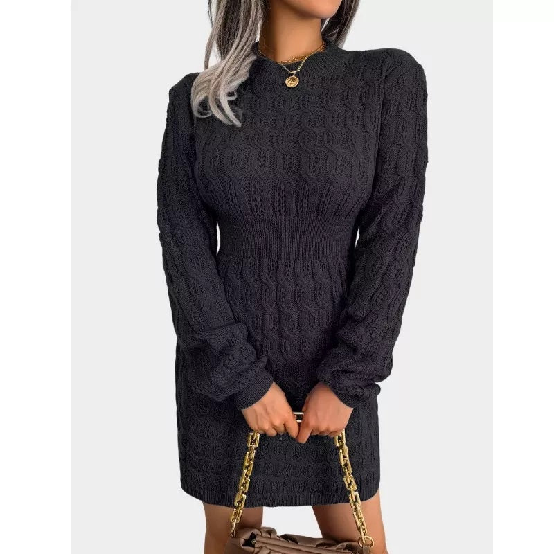 Cable Knit Mini Black Sweater Dress Crew Neck