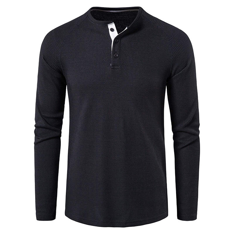 Men's Long Sleeve Henley T Shirts Waffle in Black