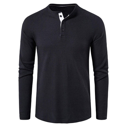 Men's Long Sleeve Henley T Shirts Waffle in Black