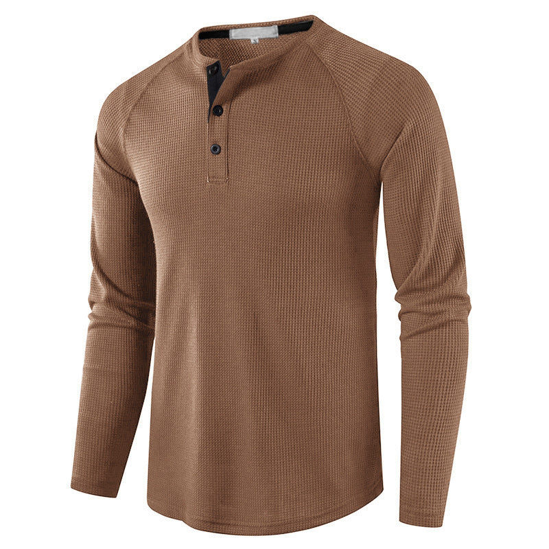 Men's Long Sleeve Henley T Shirts Waffle in Kakhi