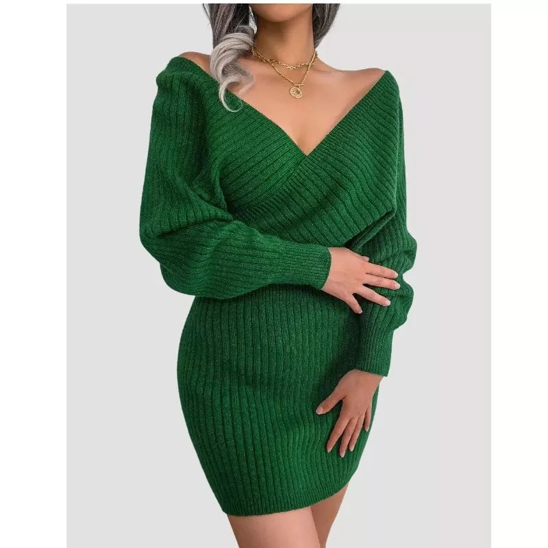 Green Bodycon Sweater Dress V neck Batwing Sleeve Sexy Dress