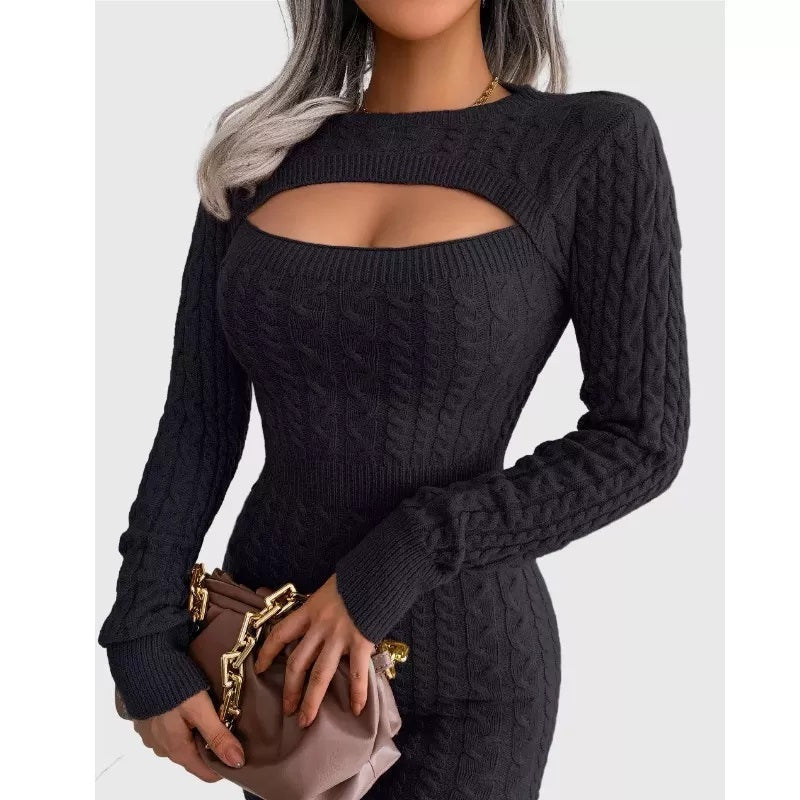 Cable Knit Black Sweater Dress Bust Cut out Sexy Dress Bodycorn Fit