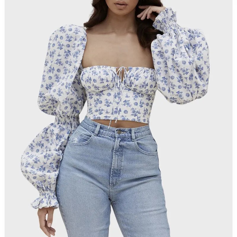 Tie Front Crop Top Puff Long Sleeve in Blue
